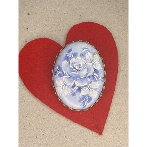 MCM porcelain hand-painted blue rose brooch pin‎ gold-tone setting